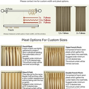 Curtain custom width calculation and pleat options for custom sizes. Pencil pleat, triple French pleat, double French pleat, Wave S Fold, Ripple Fold pleat options photo.