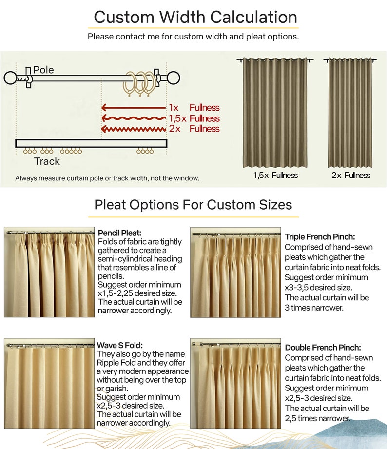 Curtain custom width calculation and pleat options for custom sizes. Pencil pleat, triple French pleat, double French pleat, Wave S Fold, Ripple Fold pleat options photo.