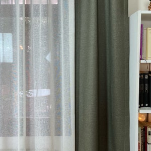 Khaki linen curtains.