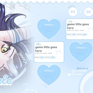 Peut inclure: Un modèle de planning bleu clair avec un graphique en forme de cœur qui indique "Stream is Offline". Le planning est pour le 24 au 30 mars et comprend les jours de la semaine, les titres des jeux et les heures. Le modèle comprend également une illustration bleue et blanche d'une femme aux longs cheveux noirs.