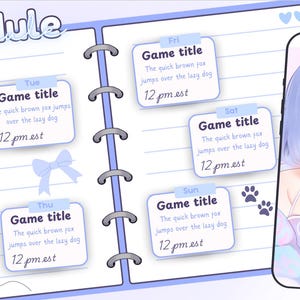 Blue Notebook Stream Schedule | Twitch Youtube Discord Content | CANVA template | Vtuber assets