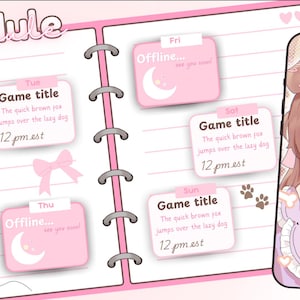 Può includere: Un planner settimanale rosa e bianco con una simpatica illustrazione di un cartone animato di una ragazza con i capelli castani e le orecchie rosa. Il planner ha una sezione per ogni giorno della settimana, con spazio per scrivere appuntamenti e compiti. L'illustrazione è in stile anime e manga.