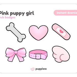 Puede incluir: Conjunto de seis insignias de suscripción de Twitch de estilo de dibujos animados rosa y blanco que representan un hueso, un corazón, una venda, un lazo, un collar y alas. El texto "Pink puppy girl" y "Sub badges" está en la parte superior de la imagen. El texto "instant download" está en la parte superior derecha de la imagen. El texto "puppiwa" está en la parte inferior de la imagen.