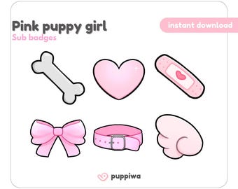 May include: Set of six pink and white cartoon-style Twitch sub badges featuring a bone, heart, bandage, bow, collar, and wings. The text "Pink puppy girl" and "Sub badges" are at the top of the image. The text "instant download" is at the top right of the image. The text "puppiwa" is at the bottom of the image.