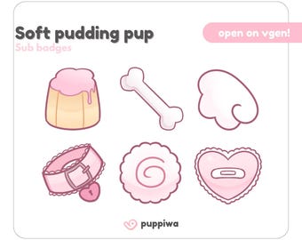 May include: A collection of six pink and white cartoon sub badges. The badges include a pudding, a bone, a wing, a collar with a heart lock, a swirl, and a heart with a bandage. Text reads "Soft pudding pup" and "open on vgen!"