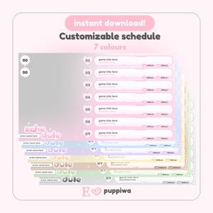 Peut inclure: Un modèle d'emploi du temps personnalisable avec sept options de couleurs. Il comprend des champs de texte pour les titres de jeux et les descriptions. Le design comprend un en-tête rose avec l'inscription "instant download!" et le logo "puppiwa".