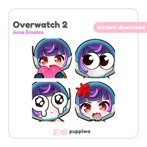 Puede incluir: Cuatro emoticonos de Juno de Overwatch 2. Cada emoticono presenta un personaje con pelo morado y un casco futurista, expresando diferentes emociones. Uno sostiene un corazón rosa, otro tiene los ojos muy abiertos, uno llora y el último está enfadado.