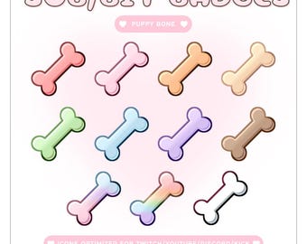 May include: A collection of colorful puppy bone-shaped badges. The badges are in various colors, including pink, green, blue, purple, and brown. Text at the top reads "SUB/BIT BADGES" and "PUPPY BONE". The bottom text says "ICONS OPTIMIZED FOR TWITCH/YOUTUBE/DISCORD/KICK".