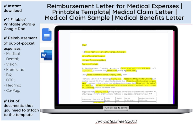 Reimbursement Letter for Medical Expenses Printable Template Medical