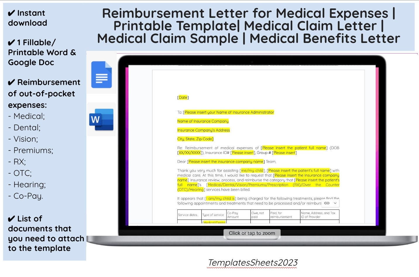 Reimbursement Letter for Medical Expenses Printable Template Medical