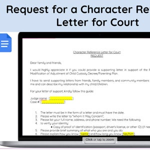 Solicitud de carta de referencia de carácter para el tribunal/modificación del ajuste del decreto de custodia de los hijos/plan de crianza