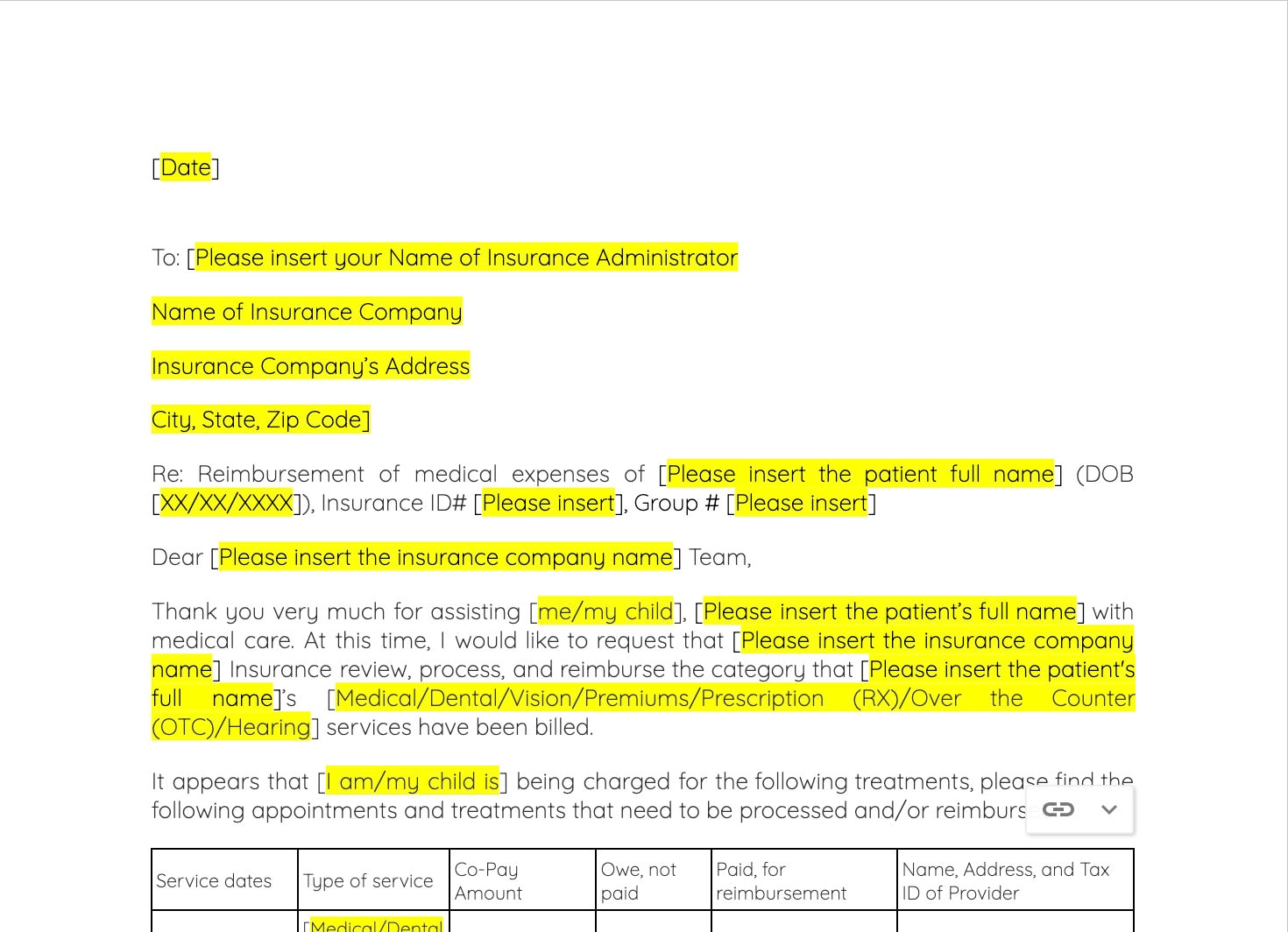 Reimbursement Letter for Medical Expenses Printable Template Medical