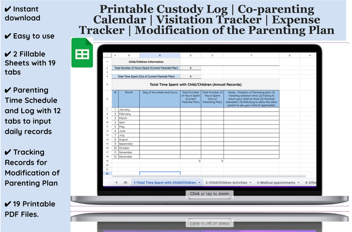 Editable & Printable Co-parenting Calendar | Expense Tracker | Custody ...