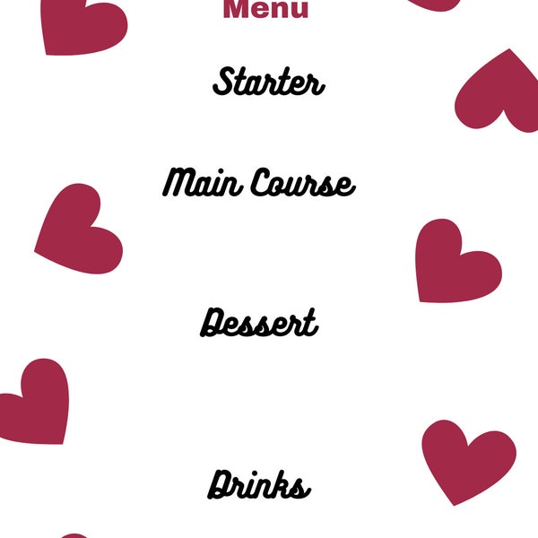 Modello modificabile per menu di San Valentino per Canva, menu per cena con cuori rossi, menu sottile di San Valentino per anniversario di compleanno, menu del ristorante