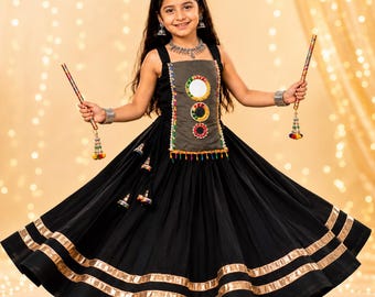 Kids Black Mirror Work Lehenga Choli | Roman Silk Navratri Garba Outfit