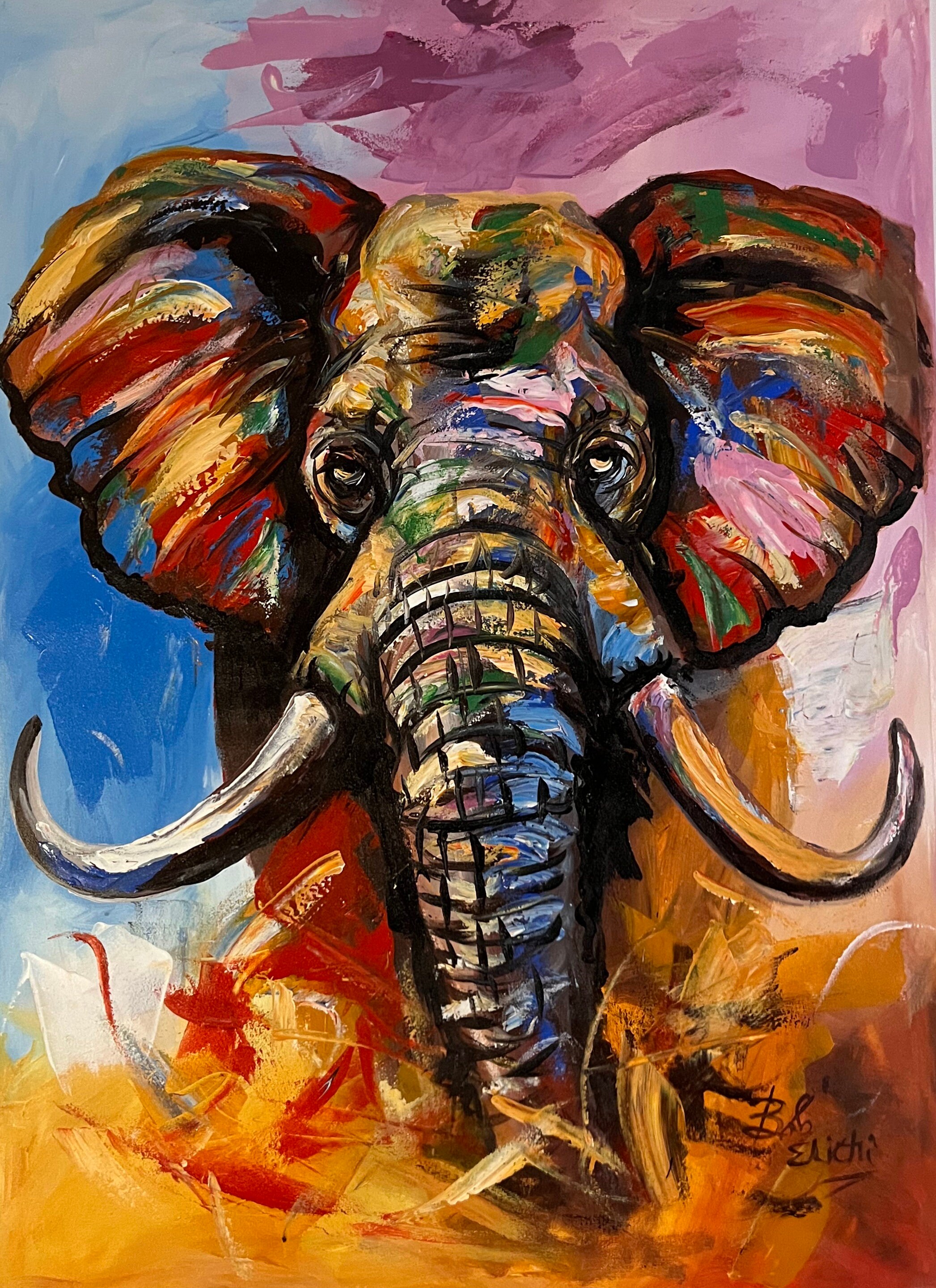 Tableau Pop Art Éléphant – Impression Giclée Flottante, Encadrée, Multicolore
