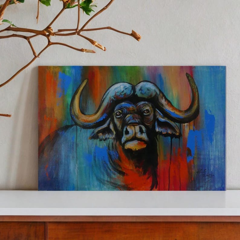 Colorful Buffalo Painting, African Art Wallart, Zanzibar, Big Wall Art, Tanzania, East Africa