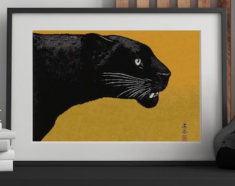 Ukiyo-e Schwarzer Panther Kunstdruck: Japanisch inspirierte Wanddekoration (Digitaldruck)