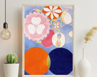 Puede incluir: Impresión de arte abstracto con un fondo azul y círculos superpuestos en varios colores, incluyendo rosa, rojo, naranja y amarillo. Los círculos tienen diferentes patrones y diseños, incluyendo una forma de flor.