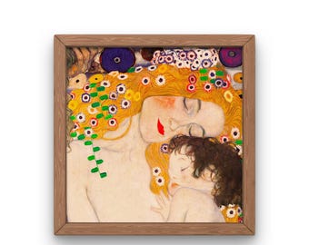May include: A framed painting of a woman with long blonde hair and a child sleeping in her arms. The woman's eyes are closed and she is wearing a red lipstick. The painting is surrounded by a wooden frame.