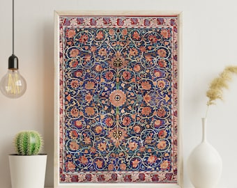 May include: Framed print of a Persian rug with a detailed floral pattern in shades of blue, red, and gold. The rug design is framed in a light wood frame, creating a decorative wall art piece.
