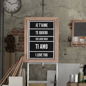 I Love You - A4 Poster - Wall Print - Digital Print Download - European Love - French Spanish German Italian English