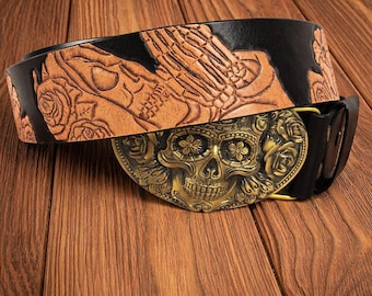 Handmade Leather Santa Muerte Belt with Brass Sugar Skull Buckle