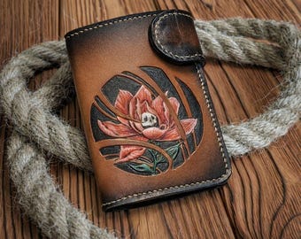 Handcrafted Leather Wallet: Floral Skull Carved Design