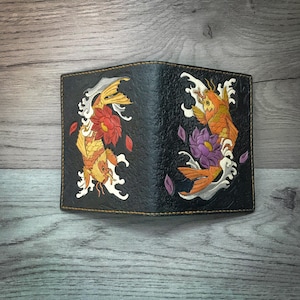 Koi Fish Passport Cover | Hand-Tooled & Painted Leather, Japanese Wave Art – Custom Initials Traveler Gift