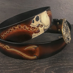 Men’s Biker Leather Belt | Hand-Painted Flaming Skull | Gothic Punk Style | Custom Buckle | Handmade in Ukraine