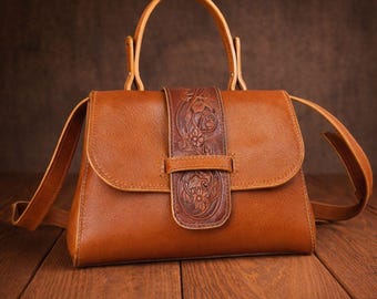 Hand Tooled Floral Leather Satchel: Handmade Crossbody Purse