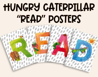 Zestaw plakatów READ inspirowanych twórczością Erica Carle'a z postaciami z książek dla dzieci – plakaty edukacyjne, wystrój klasy boho, dekoracja kącika czytelniczego