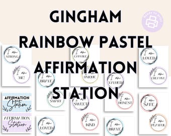 Boho Gingham Affirmation Station: Muted Rainbow Classroom Decor (Digital Download