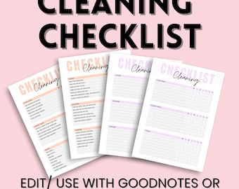 Könnte beinhalten: Vier druckbare Reinigungschecklisten auf rosa Hintergrund. Der obere Text lautet „CLEANING CHECKLIST“ in Schwarz. Die Checklisten haben Abschnitte für verschiedene Räume und Aufgaben mit Kontrollkästchen. Der untere Text lautet „EDIT/ USE WITH GOODNOTES OR READY TO PRINT VERSION!“