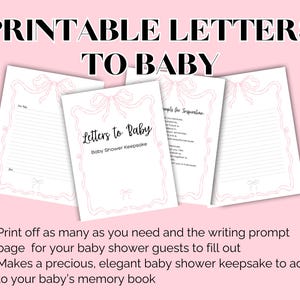 Może przedstawiać: Drukowane listy do dziecka, pamiątka z baby shower. Obraz przedstawia cztery białe strony z r&oacute;żowymi akcentami kokardek i tekstem "Letters to Baby". Tło jest w kolorze miękkiego r&oacute;żu. Tekst na dole m&oacute;wi: "Wydrukuj tyle, ile potrzebujesz..." i "Stanowi cenną, elegancką pamiątkę z baby shower..."