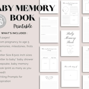 Utskrivbar babyminnesbok | Babyjournal, könsneutralt minnessak Babyshower-minnessak Utskrivbar brev till bebisen Milstolpspårare för bebisar