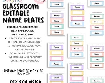 May include: A collection of pastel-colored, editable name plates for classrooms. The design includes rectangular name tags in various colors like pink, blue, and yellow, with space for names and a number line. Text on the image reads "Pastel Classroom Editable Name Plates."