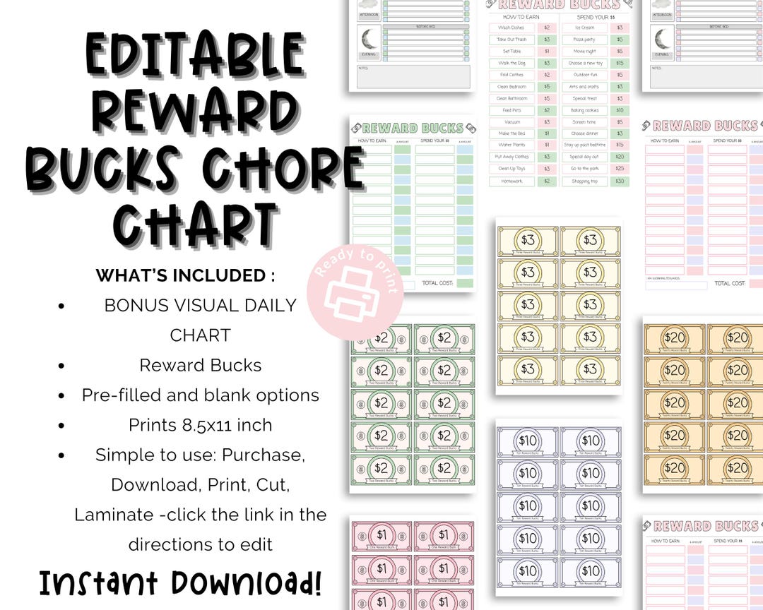 Editable Reward Bucks Chore Chart for Kids Canva Template Printable ...