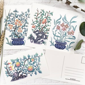 Botanical Postcard Set de 4 - Botanical Illustrated - Floral Arts Print - SPC 001