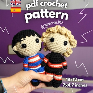 May include: A PDF crochet pattern featuring two amigurumi dolls, one in blue and white stripes, the other in black with red stripes. The dolls are approximately 7x4.7 inches. The text reads "pdf crochet pattern" and "instant download!"