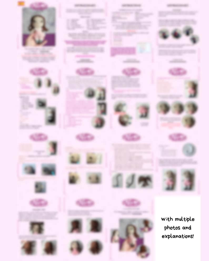 May include: A pink and white instructional guide with multiple photos and explanations. The guide features images of a person with different hairstyles and instructions. The text "with multiple photos and explanations!" is visible.