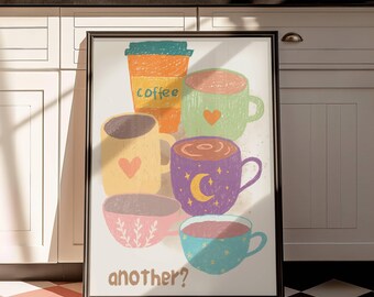 Colorful Coffee Cups Printable Wall Art Another Coffee Print Cute Kitchen Decor Coffee Lover Poster Aesthetic Mug Illustration Art