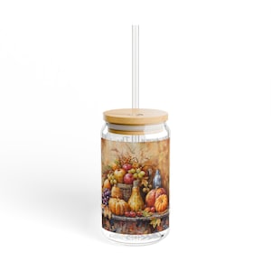 Thank Gourd It&#39;s Autumn Glass With Lid and Straw, Fall Wine Season Gift Autumn Season Design Iced Coffee Cup, 16oz Glass Cup Sipper Glass,