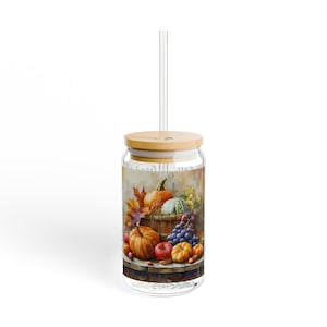 Good Gourd It&#39;s Fall Glass With Lid and Straw, Fall Mug Wine Season Gift Autumn Season Design Iced Coffee Cup, 16oz Glass Cup Sipper Glass,