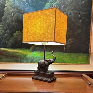 Vintage ‘80s Elephant Table Lamp With 1960s Mid Century Modern Lampshade, Rectangle Cream Shade, Cottagecore Trunk Up Feng Shui Decor 21.5”