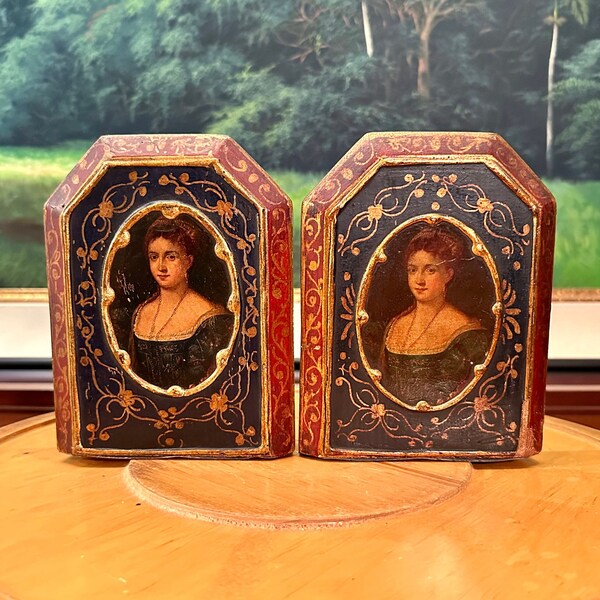 Vintage Italian Pair Gilt Florentine Bookends w/ Lady Portrait, Hand Made Marked Made in Italy, Ornate Mid Century Gold Red Blue Tole Decor