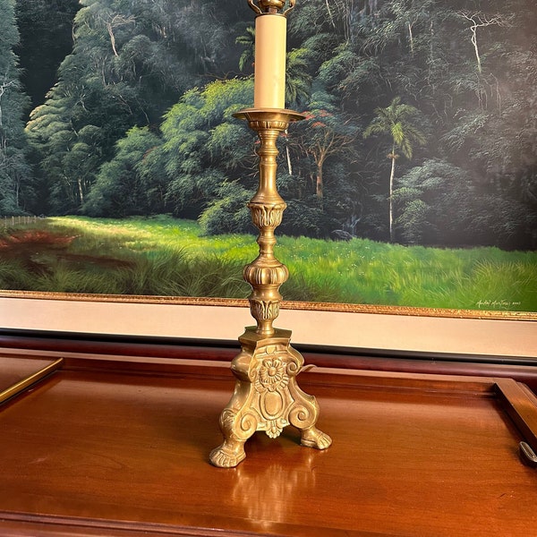 Vintage Tall Solid Brass Footed Candlestick Lamp, Mid-Century Neoclassical Regency Altar Style, 29” Made in India Eclectic Mod Accent Decor