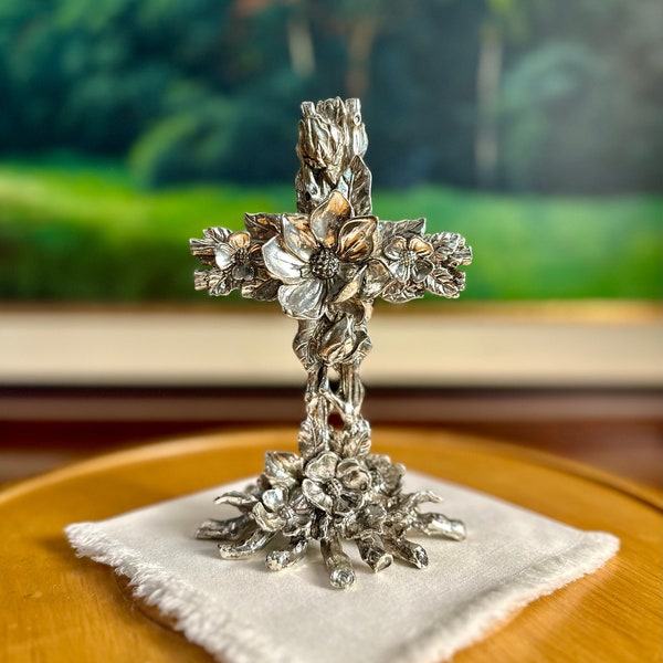 Vintage Arthur Court Magnolia Cross 2003, Hand Crafted Standing Tabletop Decor, 3D Flowers, Ornate Collectible, Religious Garden Lover Gift