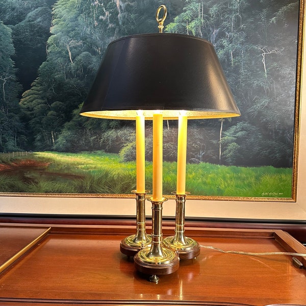 Mid Century Baldwin Brass 3 Candlestick Bouillotte Table Lamp, 24” Tall Heavy Quality, Footed Teak Base Gold Lined Black Shade Classic Decor