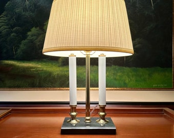 Vintage Bouillotte Brass Table Accent Lamp w/ Oval Cream Shade, 1990s Dark Marble Base 18”, 1 Light 2 Pillars, White Gold Classic Desk Decor